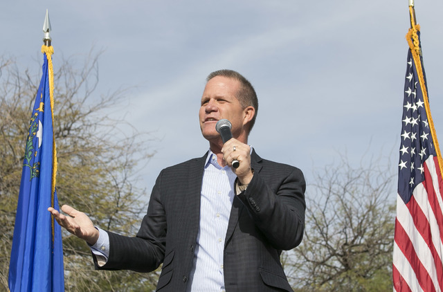 Lt. Gov. Mark Hutchison speaks at a campaign rally outside the campaign headquarters of Cresent Hardy in Summerlin in west Las Vegas on Oct. 08, 2016. Richard Brian/Las Vegas Review-Journal Follow ...