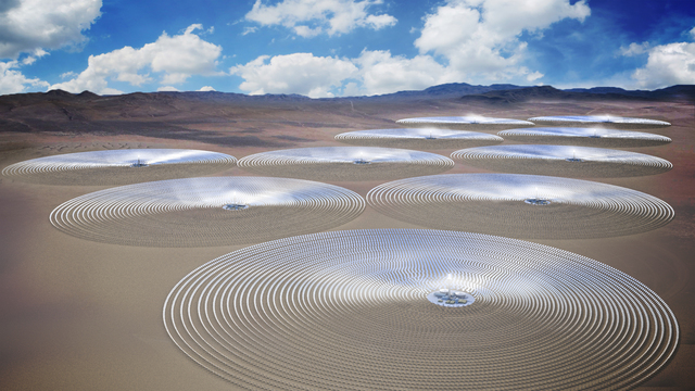 An artist rendering shows SolarReserve's Sandstone project, a $5 billion, 10-tower concentrated solar array the California-based company plans to build in Nevada. (Courtesy of SolarReserve)