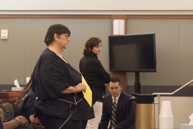 Roxanne Sparks, left, a former bookkeeper accused of transferring more than $200,000 between two of her clients' accounts, appears for her sentencing at the Regional Justice Center in Las Vegas, T ...