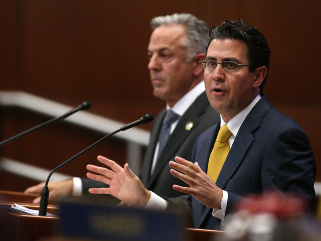 Clark County Sheriff Joseph Lombardo, left, and Jeremy Aguero, with Applied Analysis, answer questions from lawmakers during a special session at the Legislative Building in Carson City, Nev. on T ...