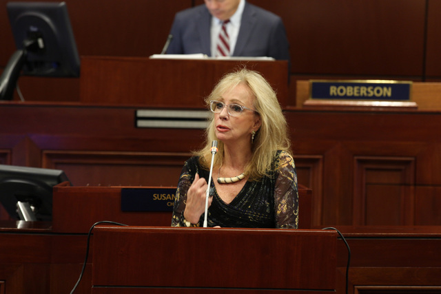 Caesars Entertainment executive vice president Jan Jones Blackhurst speaks in favor of approving the stadium proposal at the special session of the Nevada Legislature in Carson City on Oct. 10, 20 ...