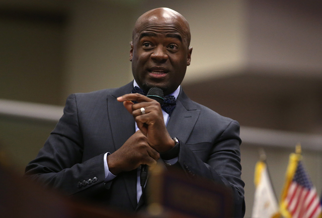 Nevada Sen. Kelvin Atkinson, D-North Las Vegas, speaks on the Senate floor in support of a proposal to help fund a football stadium and convention center improvements in Las Vegas during a special ...