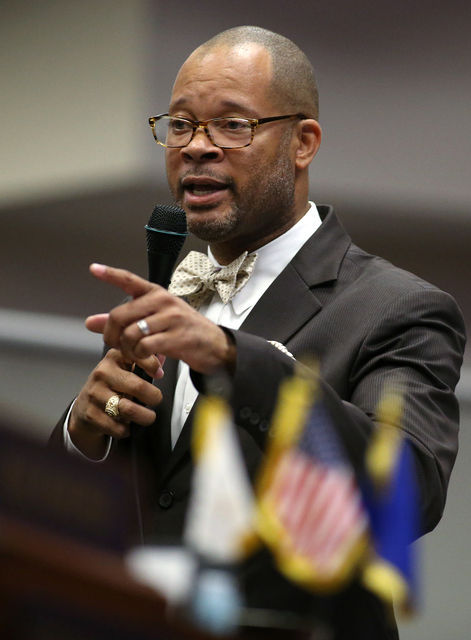 Nevada Senate Minority Leader Aaron Ford, D-Las Vegas, speaks on the Senate floor in support of a proposal to help fund a football stadium and convention center improvements in Las Vegas during a  ...