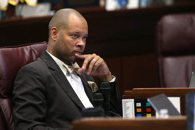 Nevada Senate Minority Leader Aaron Ford, D-Las Vegas, listens to public comment during a special session at the Nevada Legislature in Carson City, Nev. on Tuesday, Oct. 11, 2016.  Lawmakers are c ...