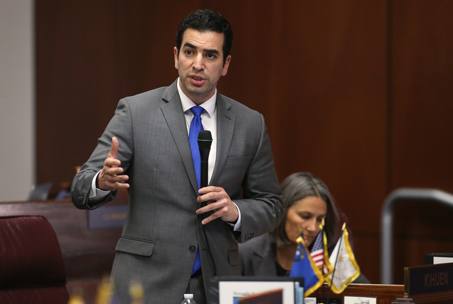 Nevada Sen. Ruben Kihuen, D-Las Vegas, speaks on the Senate floor in opposition to a proposal to help fund a football stadium and convention center improvements in Las Vegas during a special sessi ...