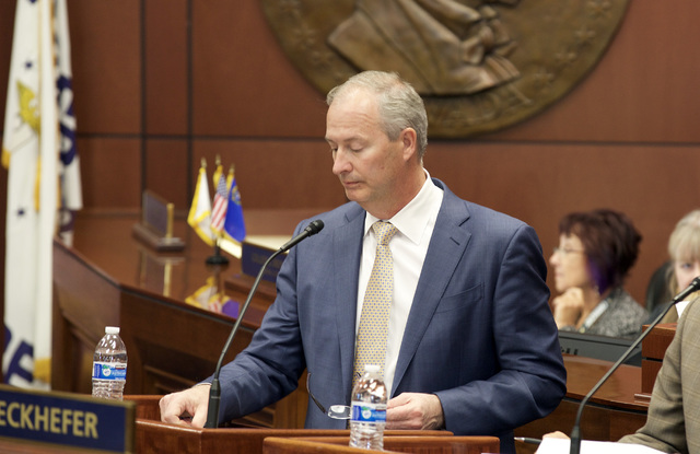 Steve Hill, chairman of the Southern Nevada Tourism and Infrastructure Committee, speaks about the stadium proposal before the State Senate in Carson City on Tuesday, Oct. 11, 2016. (Heidi Fang/La ...