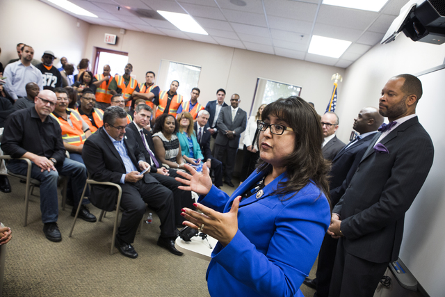Assemblywoman Irene Bustamante Adams speaks during a news conference discussing benefits for employment at the stadium project, Thursday, Oct. 27, 2016, at the Urban Chamber of Commerce in North L ...