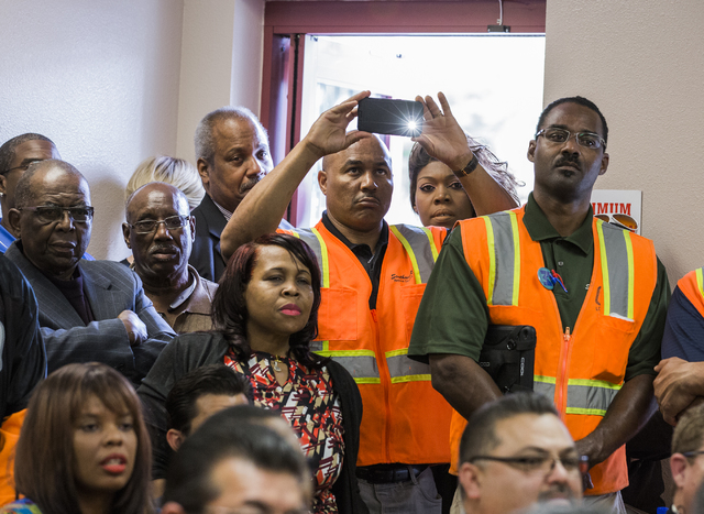 People listen during a news conference discussing  benefits for employment at the stadium project, Thursday, Oct. 27, 2016, at the Urban Chamber of Commerce in North Las Vegas. Over 50 people atte ...