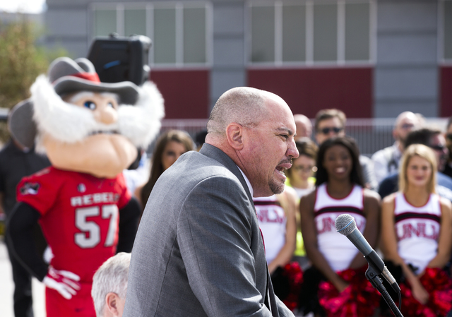 UNLV football coach Tony Sanchez speaks during a rally in support of the $1.9 billion, 65,000-seat domed stadium Monday, Oct. 3, 2016, at Thomas and Mack Center. (Jeff Scheid/Las Vegas Review-Jour ...