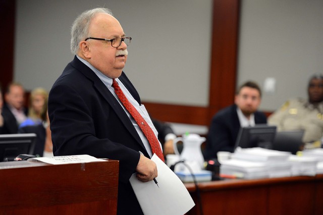Lawyer Tom Pitaro, who represented O.J. Simpson when he sought a new trial for his 2008 conviction, speaks during an evidentiary hearing in Clark County District Court on May 17, 2013, in Las Vega ...