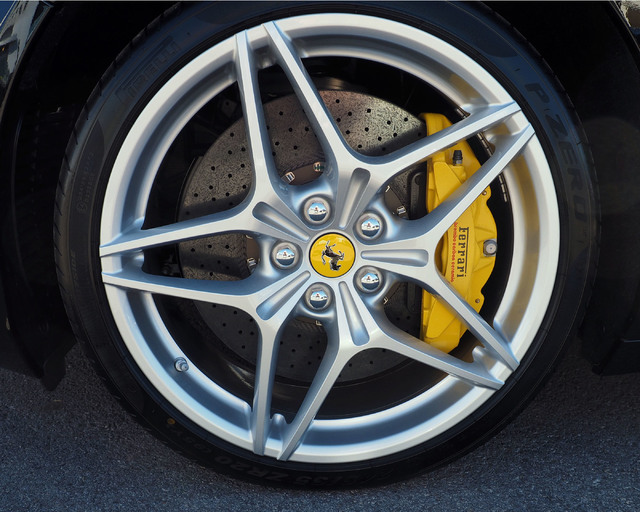 The wheel and disc brake of a Ferrari is seen at the new Towbin Ferrari/Masarati dealership on Sahara Avenue in Las Vegas, Tuesday, Oct. 18, 2016. (Jerry Henkel/Las Vegas Review-Journal)
