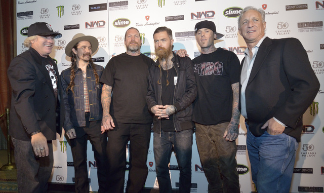 Producer and director Jon Freeman, from left, motorcyclists Drake McElroy, Seth Enslow, Beau Manley, Colin Morrison and co-producer Marc Levine are shown during a red carpet event for the premier  ...