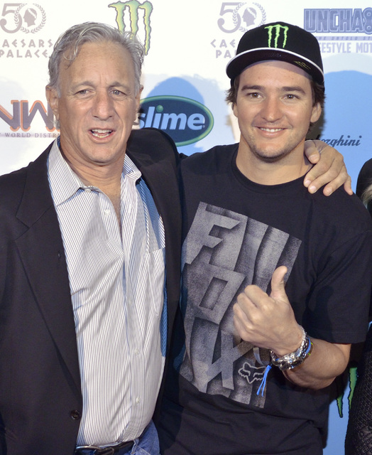 Co-producer Marc Levine, left, and motocross rider Blake “Bilko” Williams are shown during a red carpet event for the premier of “Unchained: The Untold Story of Freestyle Moto ...