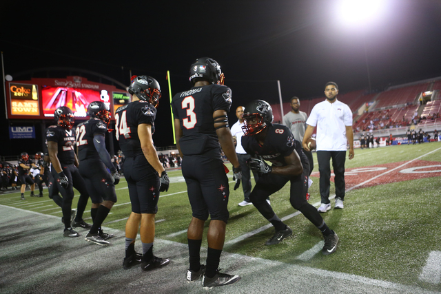 UNLV players warm up before a football game against Fresno State at Sam Boyd Stadium in Las Vegas on Saturday, Oct. 1, 2016. Chase Stevens/Las Vegas Review-Journal Follow @csstevensphoto