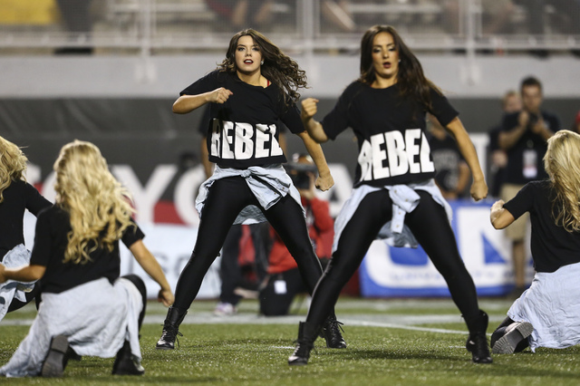 UNLV Rebel Girls perform as the team plays Fresno State during a football game at Sam Boyd Stadium in Las Vegas on Saturday, Oct. 1, 2016. UNLV won 45-20 against Fresno State. Chase Stevens/Las Ve ...