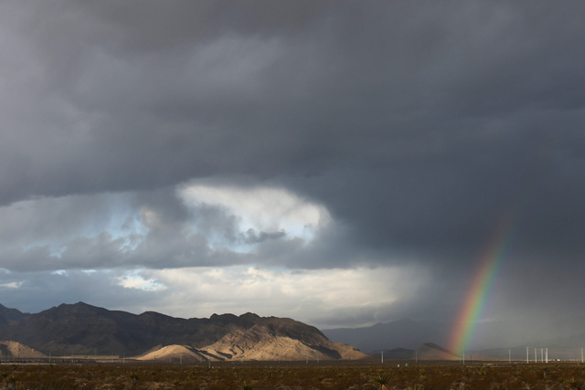 A rainbow appears under rainclouds on the west side of Las Vegas Valley on Friday, Oct. 28, 2016. (Brett Le Blanc/Las Vegas Review-Journal Follow @bleblancphoto)