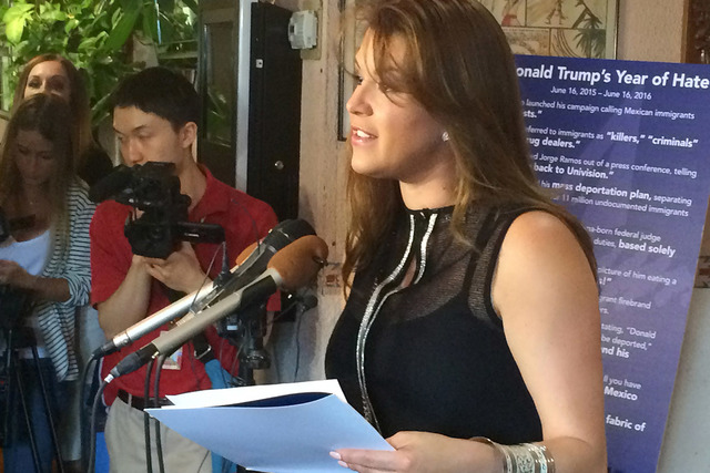 In this June 15, 2016, file photo, former Miss Universe Alicia Machado speaks during a news conference at a Latino restaurant in Arlington, Va., to criticize Republican presidential candidate Dona ...