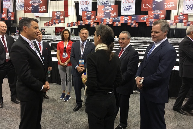 Commission for Presidential Debates Executive Director Janet Brown meets with Gov. Brian Sandoval, LVCVA President and CEO Rossi Ralenkotter, UNLV Board of Trustees member and former university pr ...