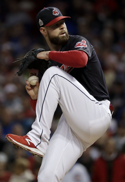 Cleveland Indians starting pitcher Corey Kluber throws against the Chicago Cubs during the first inning of Game 1 of the Major League Baseball World Series Tuesday, Oct. 25, 2016, in Cleveland. (A ...