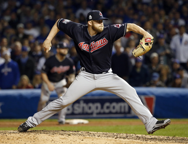 Cleveland Indians relief pitcher Cody Allen throws during the eighth inning of Game 3 of the World Series against the Chicago Cubs, Friday, Oct. 28, 2016, in Chicago. (Nam Y. Huh/The Associated Press)
