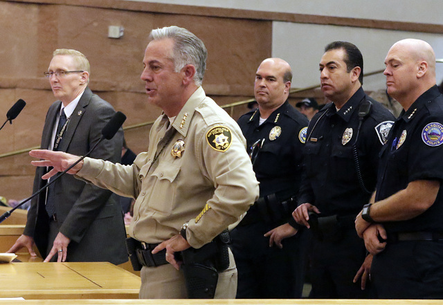 Clark County Sheriff Joe Lombardo speaks during a County Commission meeting, Tuesday, Nov. 15, 2016. Commissioners unanimously approved raising the county's sales tax next year to fund the hiring  ...