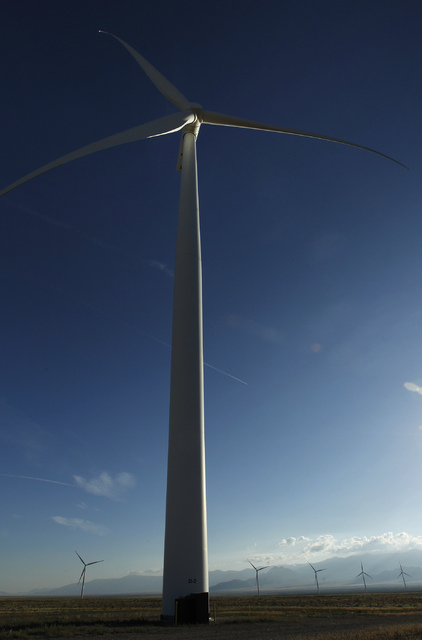 A turbine tower as tall as the Palms reaches into the sky at the Spring Valley Wind Energy facility near Great Basin National Park in eastern Nevada on Aug. 14, 2014. Towers of similar size are pl ...