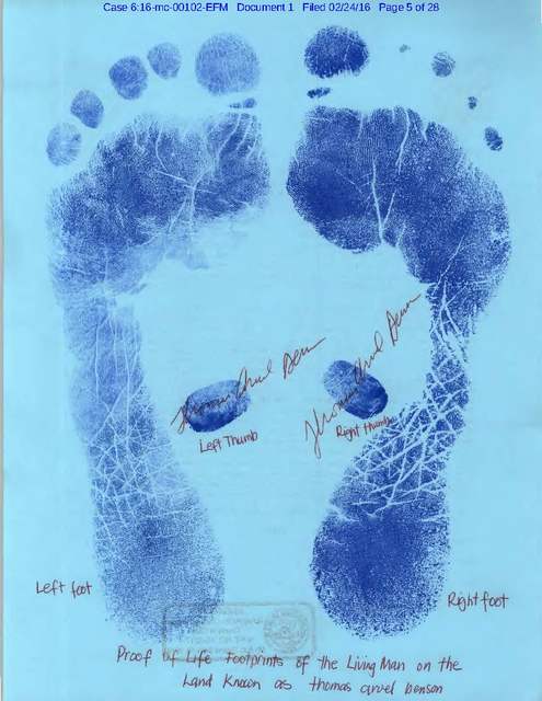 Thomas Benson, an accused sovereign citizen in Las Vegas, filed these blue-colored footprints and thumbprints in Kansas federal court in February.