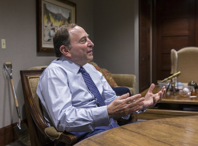 NHL commissioner Gary Bettman answers questions from the media on Tuesday, Nov. 22, 2016, in Las Vegas. Bettman was in town to take place in a ceremony unveiling Las Vegas' NHL expansion franchise ...
