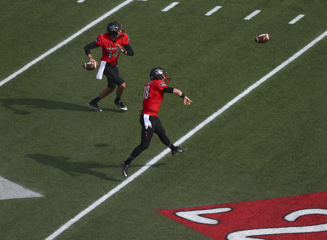 UNLV players warm up before a football game against Wyoming at Sam Boyd Stadium in Las Vegas on Saturday, Nov. 12, 2016. (Chase Stevens/Las Vegas Review-Journal) Follow @csstevensphoto