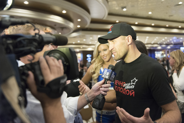 Boxer Sergey Kovalev speaks with media at the MGM Grand hotel-casino in Las Vegas, Tuesday, Nov. 15, 2016. Sergey Kovalev and Andre Ward will fight for the Unified Light Heavyweight World Champion ...