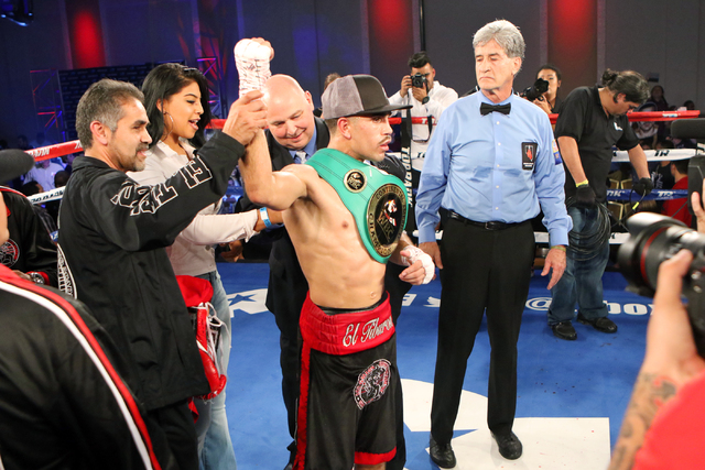 Andy Vences celebrates his unanimous technical decision victory after fighting Casey Ramos in a super featherweight boxing bout at T.I. hotel-casino Friday, Nov. 4, 2016, in Las Vegas. Ronda Churc ...