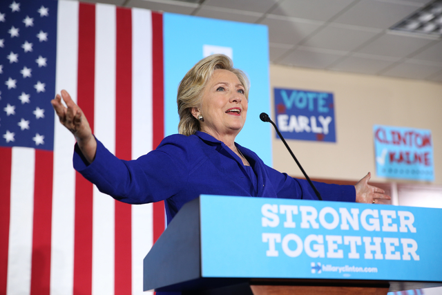 Democratic presidential nominee Hillary Clinton speaks during a campaign rally at the Plumbers & Pipefitters Training Center on Wednesday, Nov. 2, 2016, in Las Vegas. Erik Verduzco/Las Vegas R ...