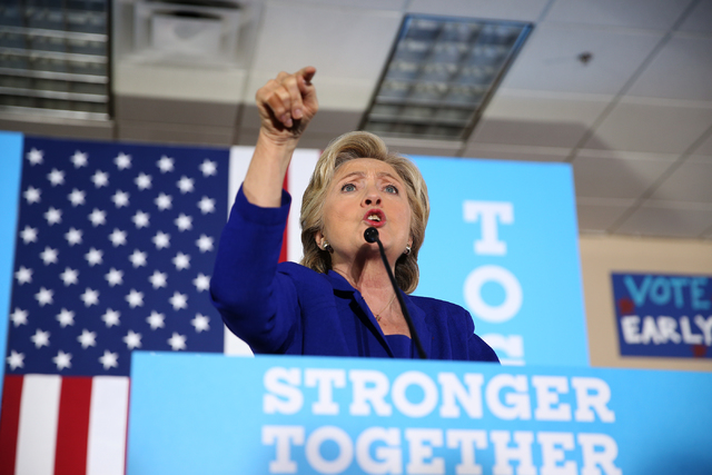 Democratic presidential nominee Hillary Clinton speaks during a campaign rally at the Plumbers & Pipefitters Training Center on Wednesday, Nov. 2, 2016, in Las Vegas. Erik Verduzco/Las Vegas R ...
