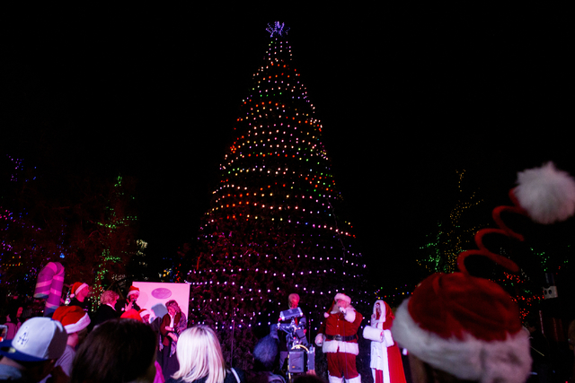 A crowd watches as the 25th Tree Lighting Ceremony at Opportunity Village takes place joined by Mayor Carolyn Goodman, CEO and President of Opportunity Village, Bob Brown, and Santa and Mr. Clause ...