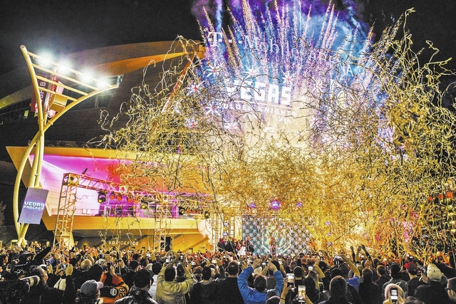 Fireworks light up the sky during a ceremony to unveil the Las Vegas' NHL expansion franchise's official team nickname, the Golden Knights, on Tuesday, Nov. 22, 2016, at Toshiba Plaza, in Las Vega ...