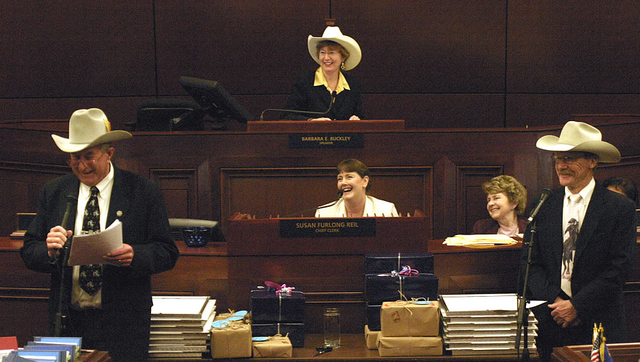 Nevada Assemblyman John Carpenter, of Elko, left,  helped create the Assembly's informal "Cowboy Hall of Fame," in 1999. Also pictured are, from right, Sergeant at Arms Terry Sullivan, Assistant C ...