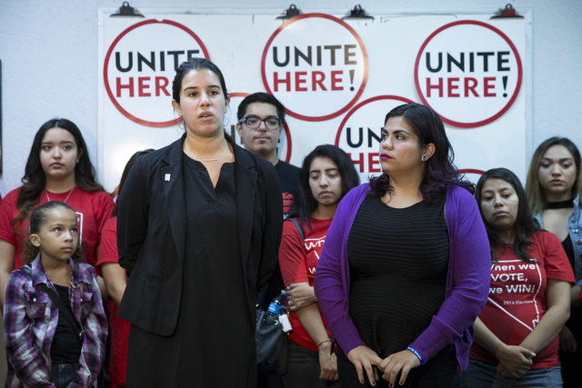 Yvanna Cancela, left, political director for Local 226, and immigration activist Astrid Silva speak during a press conference at the Culinary Union Local 226 headquarters on Wednesday, Nov. 9, 201 ...