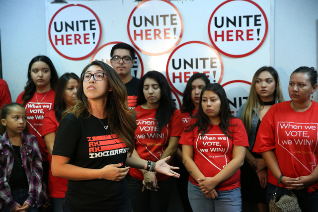 Viridiana Vidal, state director for America's Voice, speaks during press conference at the Culinary Union Local 226 headquarters on Wednesday, Nov. 9, 2016, in Las Vegas. Erik Verduzco/Las Vegas R ...
