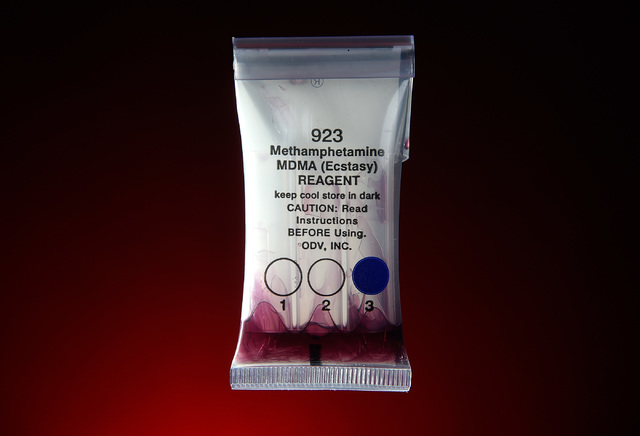 The NarcoPouch drug testing kit Thursday, Oct. 13, 2016. The inexpensive tests are used by Las Vegas police. (David Becker/Las Vegas Review-Journal)