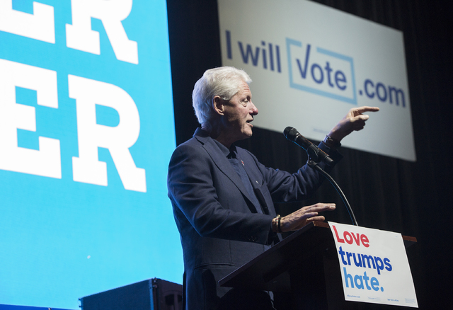 Former President Bill Clinton speaks at a rally at Cox Pavilion on Thursday, Nov. 3, 2016, at UNLV, in Las Vegas. The event was a campaign promotion for Democratic presidential nominee Hillary Cli ...