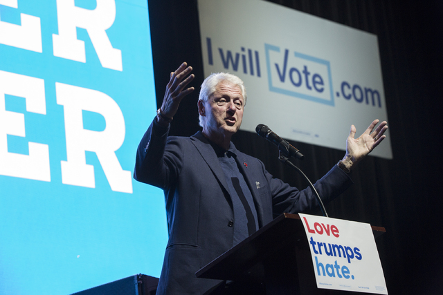 Former President Bill Clinton speaks at a rally at Cox Pavilion on Thursday, Nov. 3, 2016, at UNLV, in Las Vegas. The event was a campaign promotion for Democratic presidential nominee Hillary Cli ...