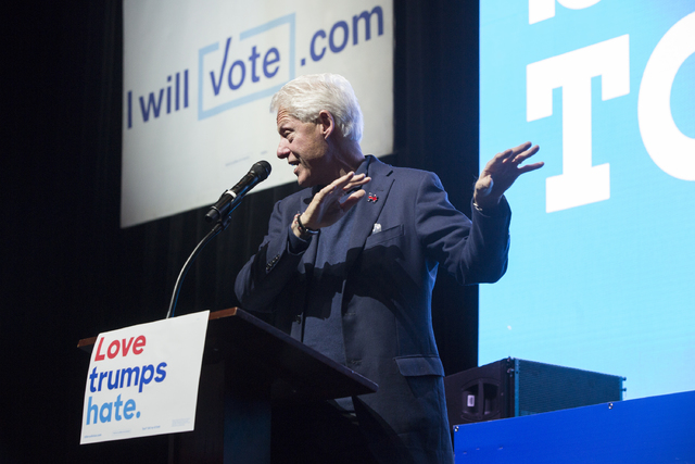 Former President Bill Clinton speaks at a rally at Cox Pavilion on Thursday, Nov. 3, 2016, at UNLV, in Las Vegas. The event was a campaign promotion for Democratic presidential nominee Hillary Cli ...