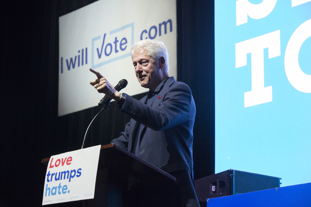 Former President Bill Clinton speaks at a rally at Cox Pavilion on Thursday, Nov. 3, 2016, at UNLV, in Las Vegas. The event was a campaign promotion for Democratic presidential nominee Hillary Cli ...