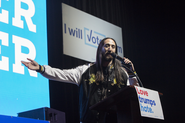 Musician/philanthropist Steve Aoki speaks at a rally for Democratic presidential nominee Hillary Clinton at Cox Pavilion on Thursday, Nov. 3, 2016, at UNLV, in Las Vegas. Benjamin Hager/Las Vegas ...