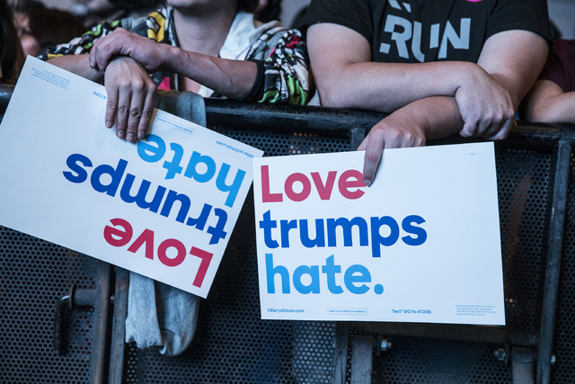 Supporters of Democratic presidential nominee Hillary Clinton listen to musician Steve Aoki at Cox Pavilion on Thursday, Nov. 3, 2016, at UNLV, in Las Vegas. Benjamin Hager/Las Vegas Review-Journal
