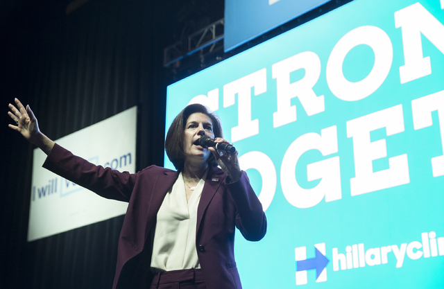 U.S. Senate candidate Catherine Cortez Masto speaks at a rally for Democratic presidential nominee Hillary Clinton at Cox Pavilion on Thursday, Nov. 3, 2016, at UNLV, in Las Vegas.  Benjamin Hager ...