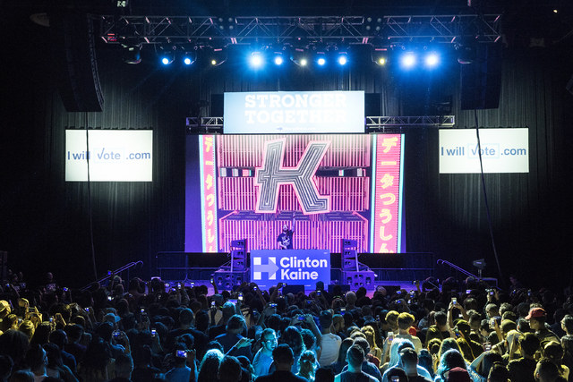 Musician/philanthropist Steve Aoki performs at a rally for Democratic presidential nominee Hillary Clinton at Cox Pavilion on Thursday, Nov. 3, 2016, at UNLV, in Las Vegas. Benjamin Hager/Las Veg ...