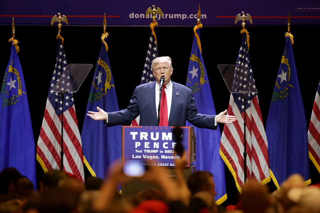 Republican presidential candidate Donald Trump addresses the crowd at a rally on Sunday, Oct. 30, 2016, at the Venetian in Las Vegas. Rachel Aston/Las Vegas Review Journal Follow @rookie__rae