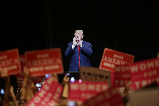 Republican presidential candidate Donald Trump leaves the stage at a rally on Sunday, Oct. 30, 2016, at the Venetian in Las Vegas. Rachel Aston/Las Vegas Review Journal Follow @rookie__rae