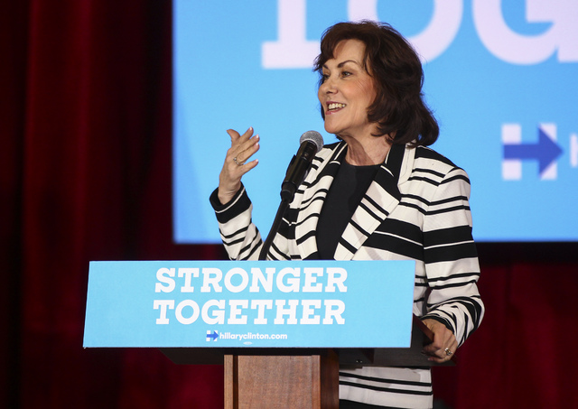 Jacky Rosen, Democratic nominee for the 3rd Congressional District, introduces vice presidential candidate Sen. Tim Kaine, D-Va., during a campaign event in Henderson, Oct. 7, 2016. (Chase Stevens ...